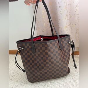 Brown Checkered Tote Bag with Red Interior Lining Louis Vuitton